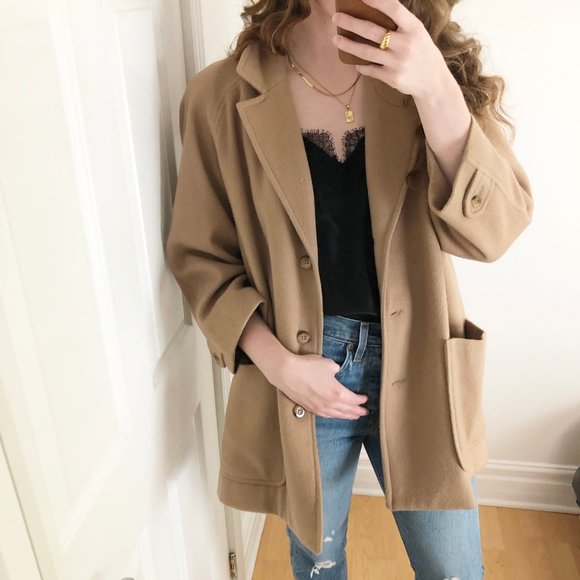 Stunning Vintage Oversized Camel Hair & Wool Blend Long Tan Blazer Coat Jacket - Picture 13 of 13